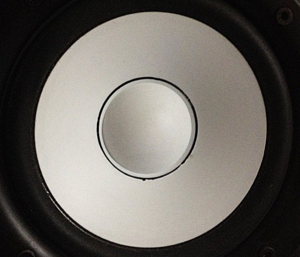 An artistic photograph of an up-close white speaker cone with a black speaker surround.