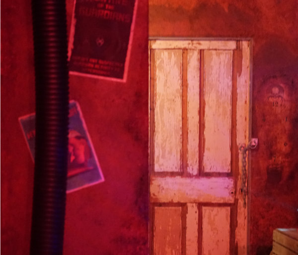 A photo of an eerie-looking wood-panelled door kept shut by a chain. Posters are on the wall near the door, glued to the wall at strange angles.