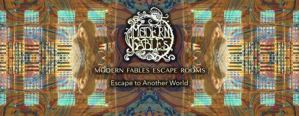 The Modern Fables Escape Rooms website banner. It contains the Modern Fables logo as well as the words "Modern Fables Escape Rooms - Escape to Another World. The background is an ambiguous mirrored action shot of somebody playing an escape room filtered through a more prominent mirrored marbling effect.